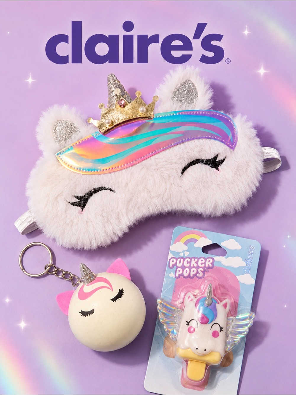 Claire’s Unicorn Bundle | Sleep Mask, Squishy Keychain & Lip Gloss NWT